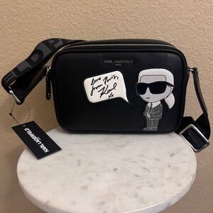 NWT KARL LAGERFELD Maybelle black logo fun Embellished Crossbody Bag double zip